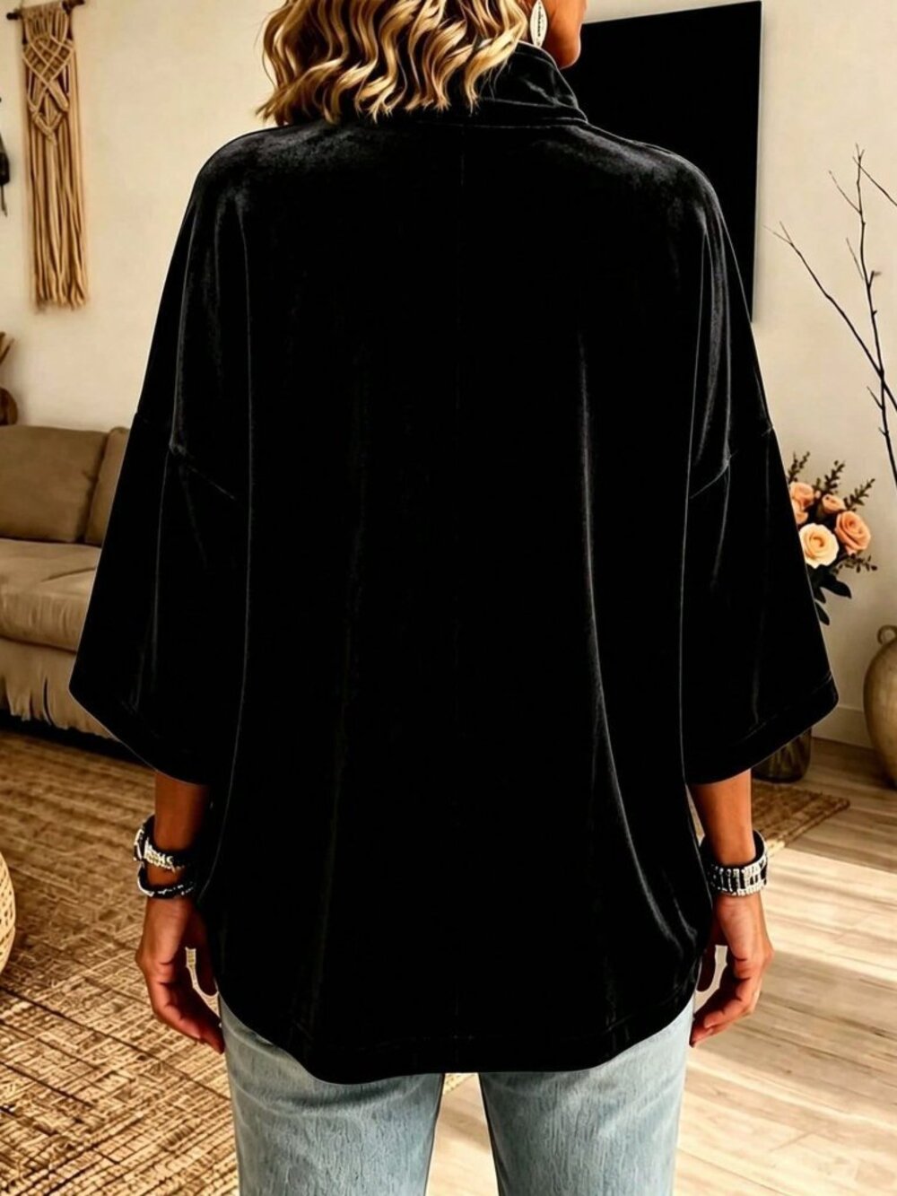 Black Sexy Women's Velvet High Neck Zip Pullovers - Picture 2 of 3